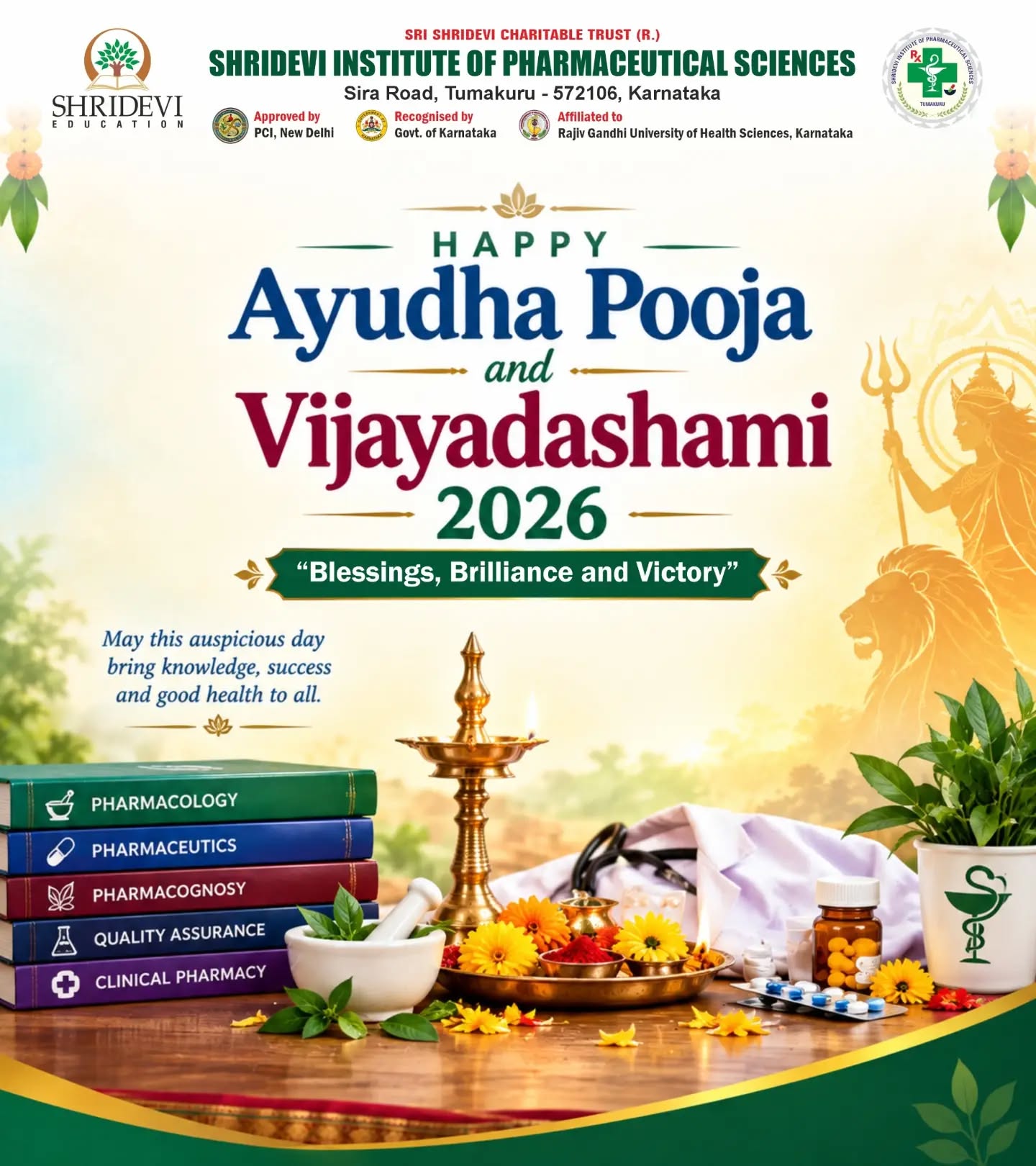 Wishing everyone a blessed Ayudha Pooja and Vijayadashami 2026 from the Shridevi Institute of Pharmaceutical Sciences, Tumakuru! 🪔✨
As we honour the instruments of our learning and profession—from our textbooks to our lab essentials—may this auspicious day bring knowledge, success, and good health to all. Here’s to a year filled with blessings, brilliance, and victory! 📚⚕️🌺
#AyudhaPooja2026 #Vijayadashami2026 #RGUHS #PharmacyLife #dasara2026