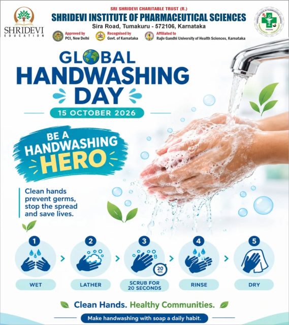 Clean hands save lives! 🧼✨
This Global Handwashing Day (15 October 2026), Shridevi Institute of Pharmaceutical Sciences reminds everyone that disease prevention begins right at your fingertips. Proper hand hygiene with soap and water is one of the most effective, accessible tools to curb the spread of infections and safeguard public health.
Be a Handwashing Hero: make clean hands a daily habit for yourself, your family, and our community.
💧 Clean hands. Healthy communities.
#GlobalHandwashingDay #HandwashingHero #CleanHandsSaveLives #ShrideviEducation #ShrideviPharmacy PublicHealth InfectionControl HealthcareAwareness Tumakuru PharmacyCollege